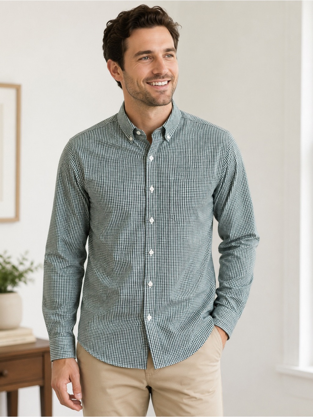 J.Crew Performance Slim Fit Green White Gingham Button Down Shirt XXL